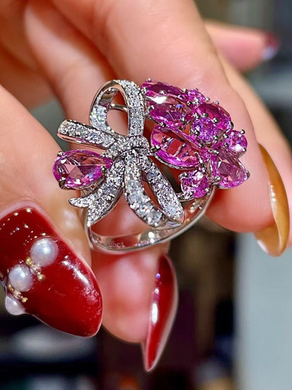 18k Gold Bow Ring with 3.05ct Violet-Pink Sapphire Floral Cluster