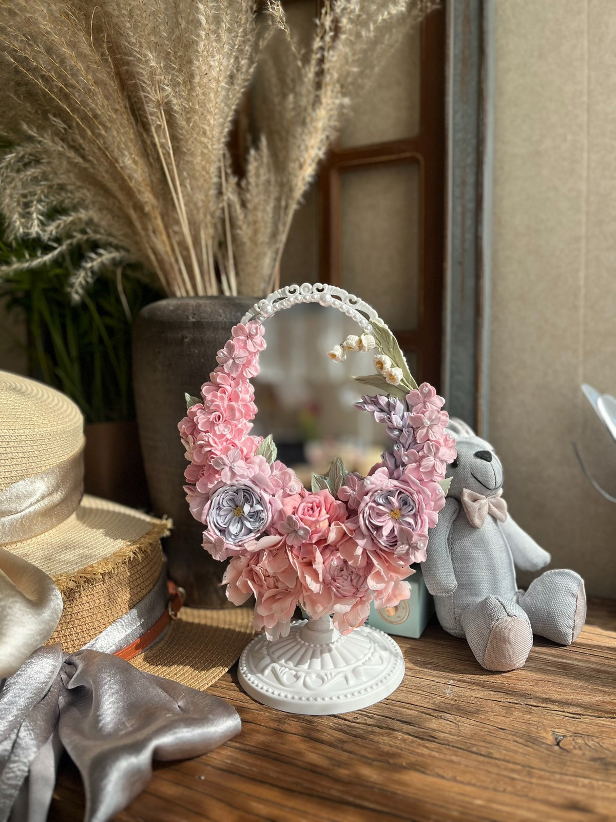 Clay Flower Decorated Round Mirror