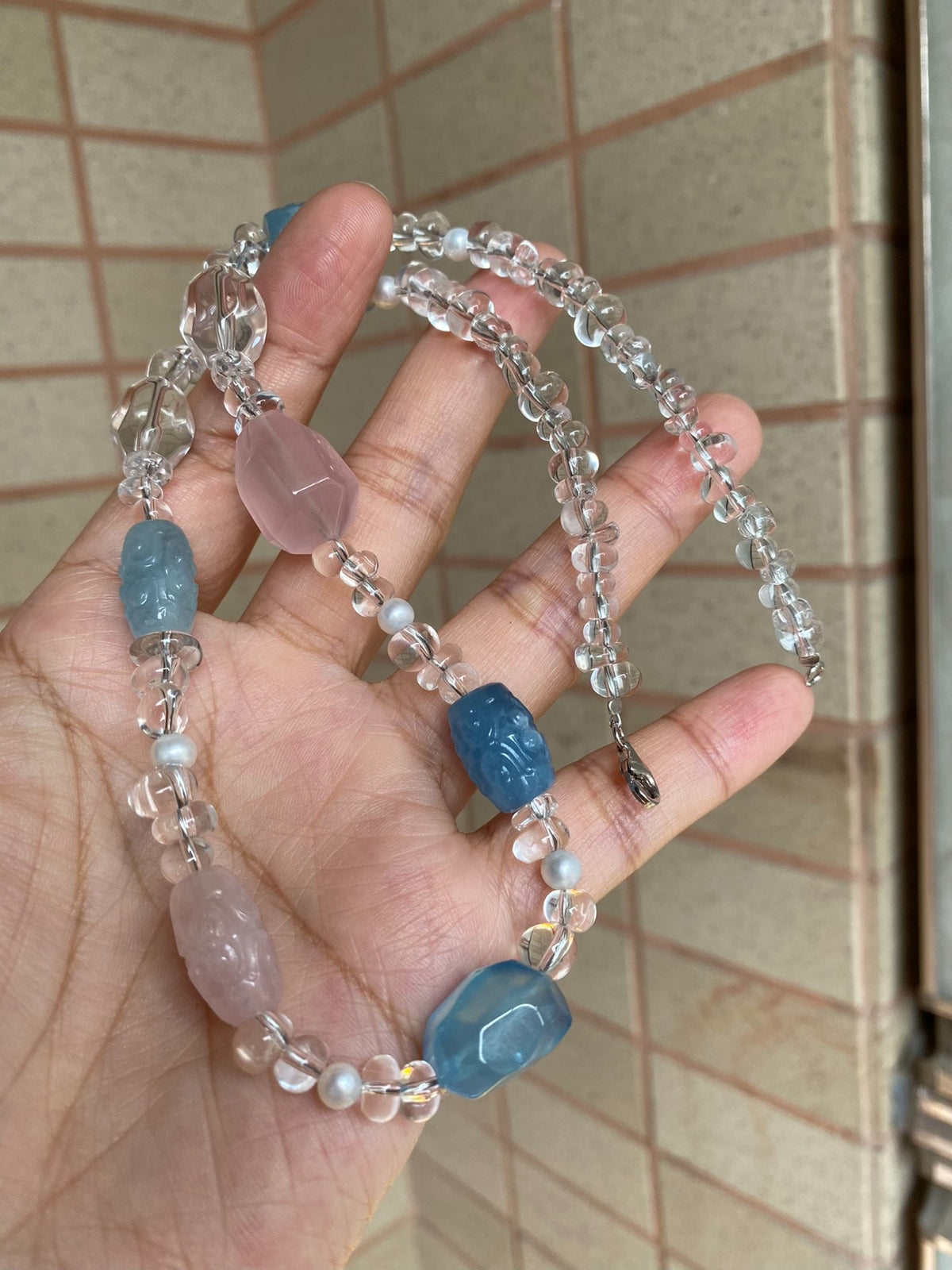 Colar de Cristal, Água-Marinha, Morganite e Pérolas