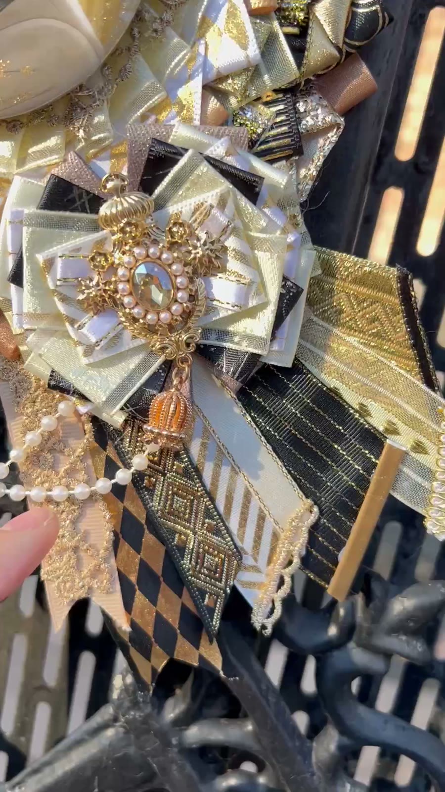 Black Gold Asymmetrical Badge Holder Pearl Chain