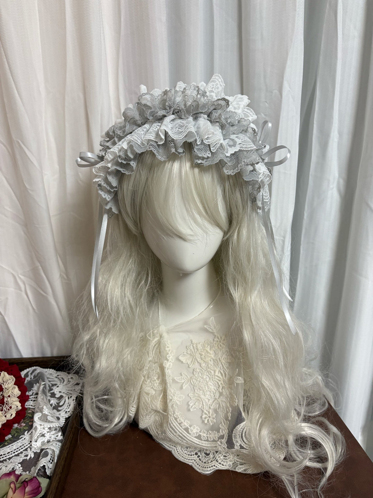 Lolita Lace Ruffle Headband Light Grey White