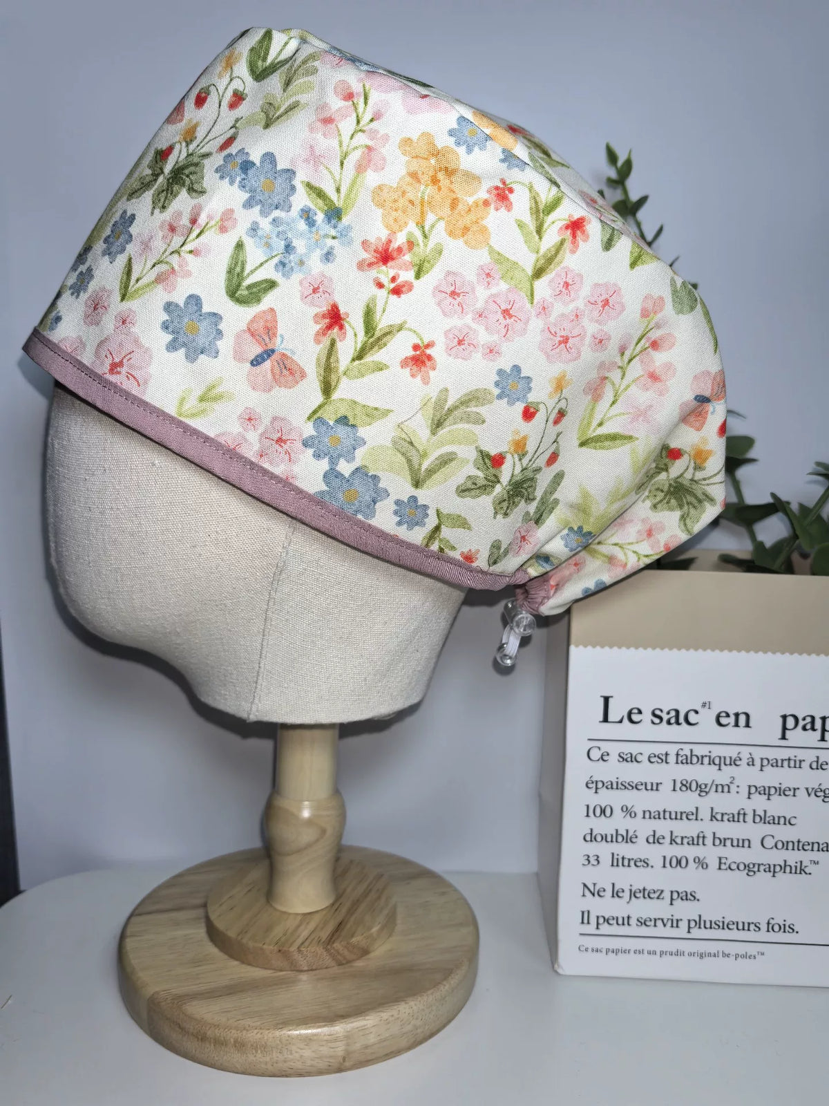 Gorro quirúrgico de algodón 100% floral con lazos