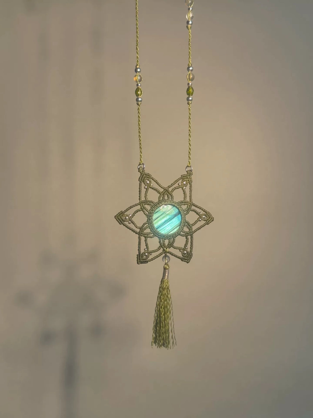 Handmade Labradorite Macrame Pendant Necklace with Olive Green Cord