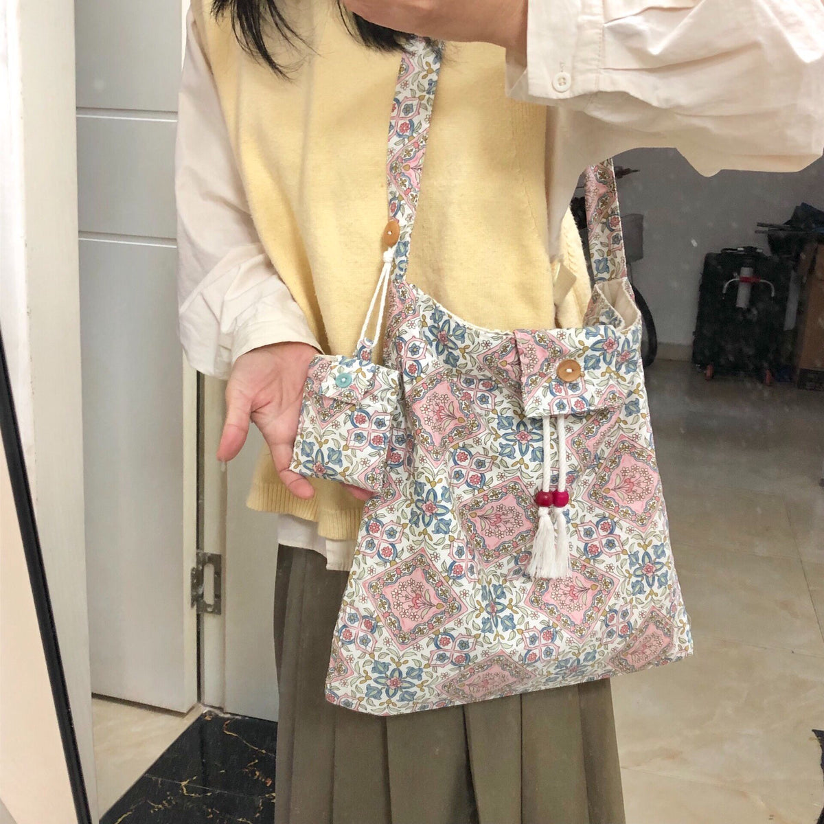 Hand Sewn Cotton Shoulder Bag with Pouch