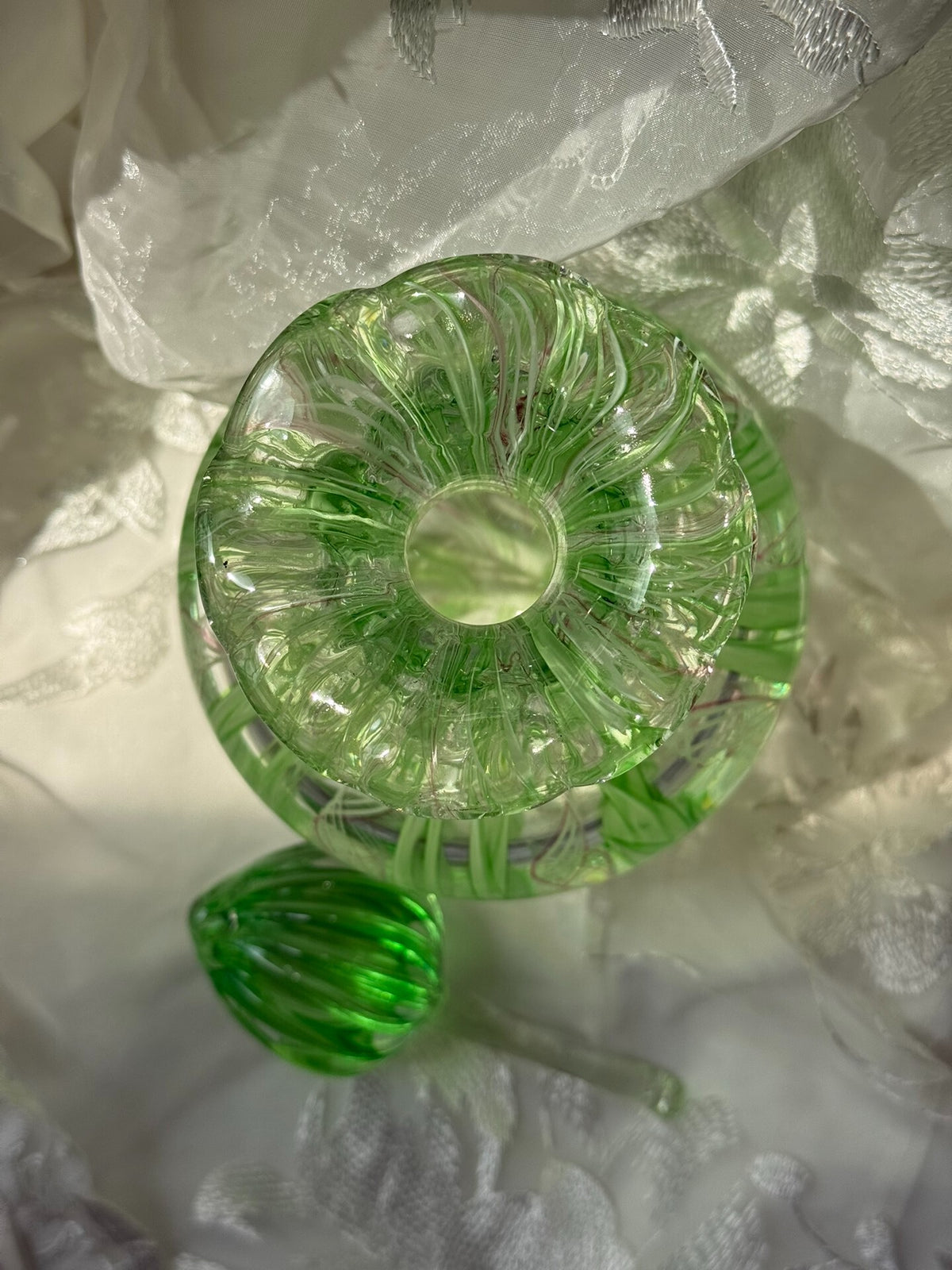 Vintage Green Glass Vase with Lace Stripe Pattern