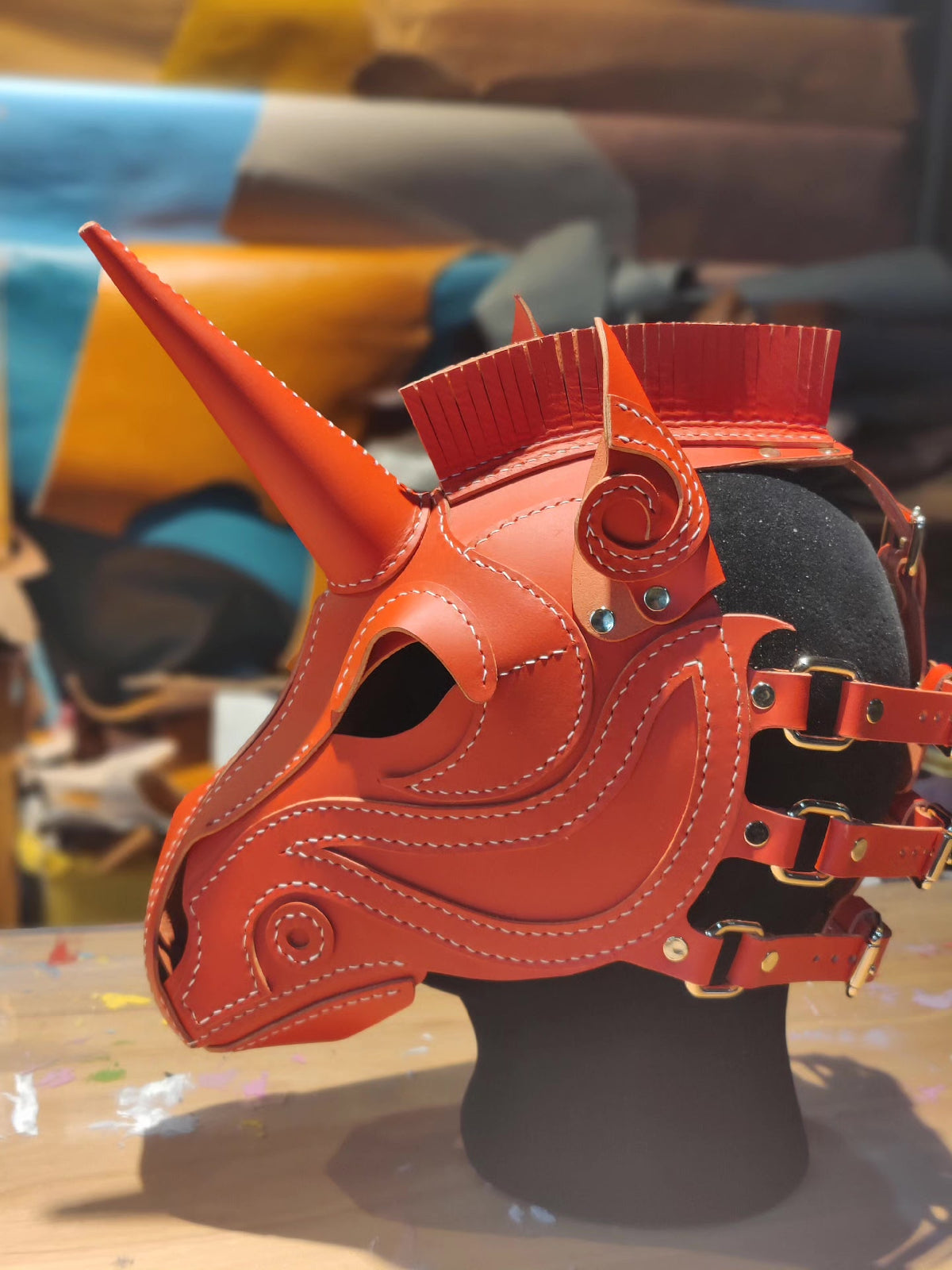 Handcrafted Leather Horse Mask Unicorn Horn