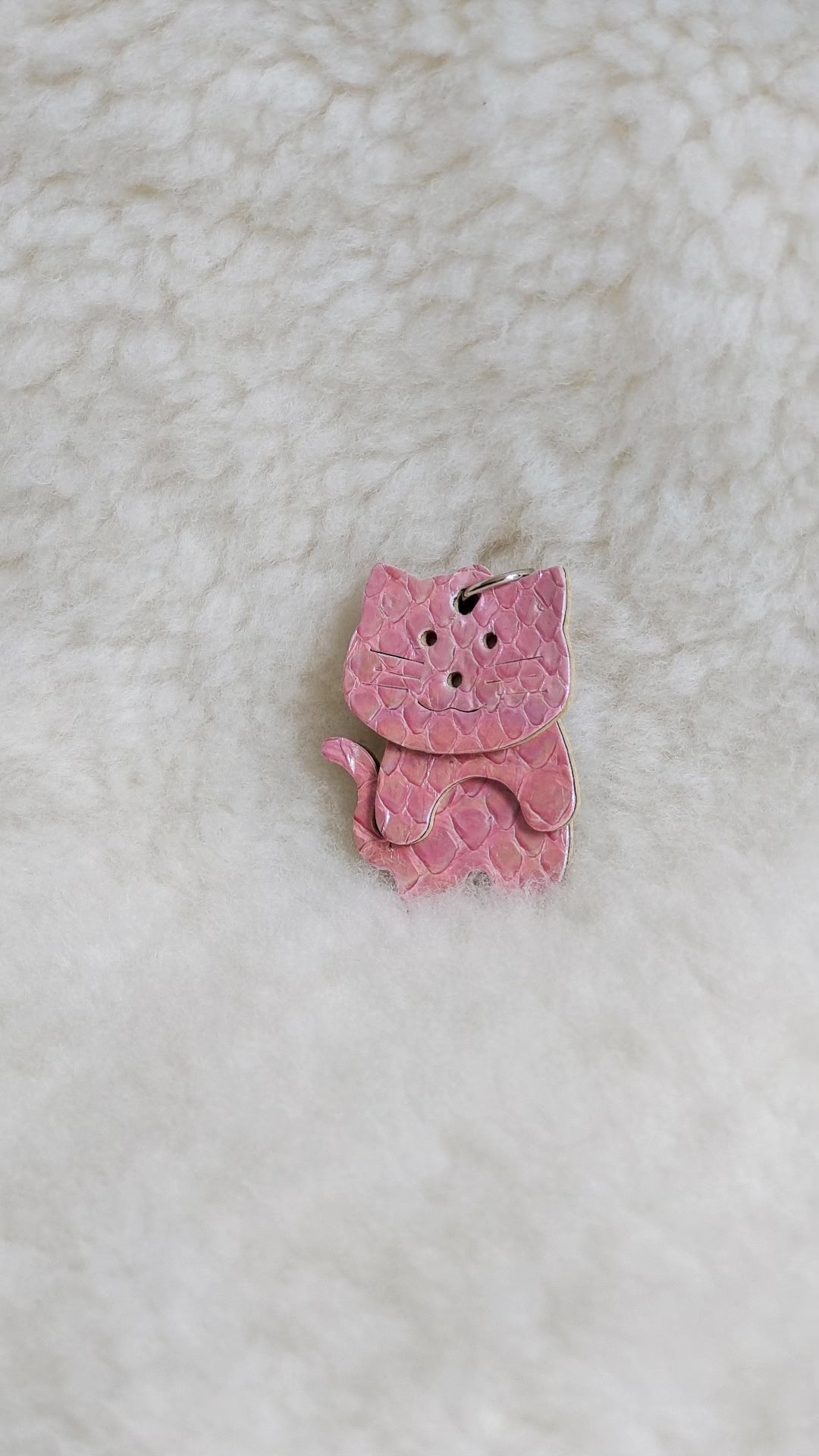 Peach Pink Dragon Scale Leather Cat Keychain