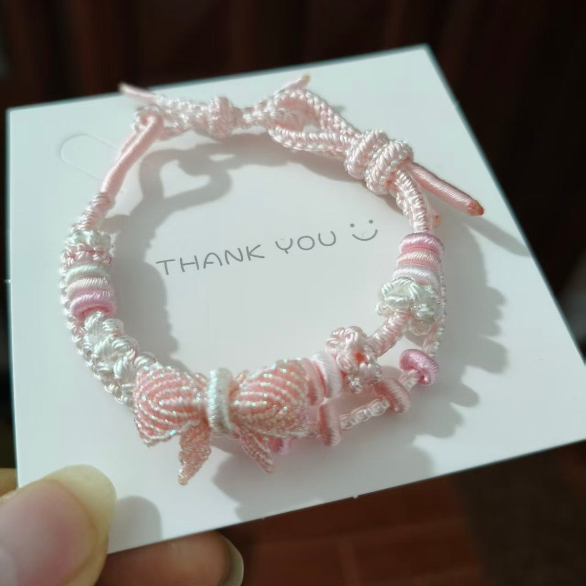 Handwoven Pink White Gradient Bracelet with Bow