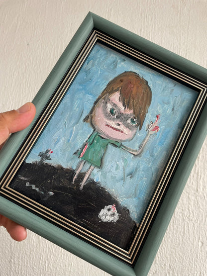Framed Hand-Painted Oil Portrait of Child with Dark Eye Shadows