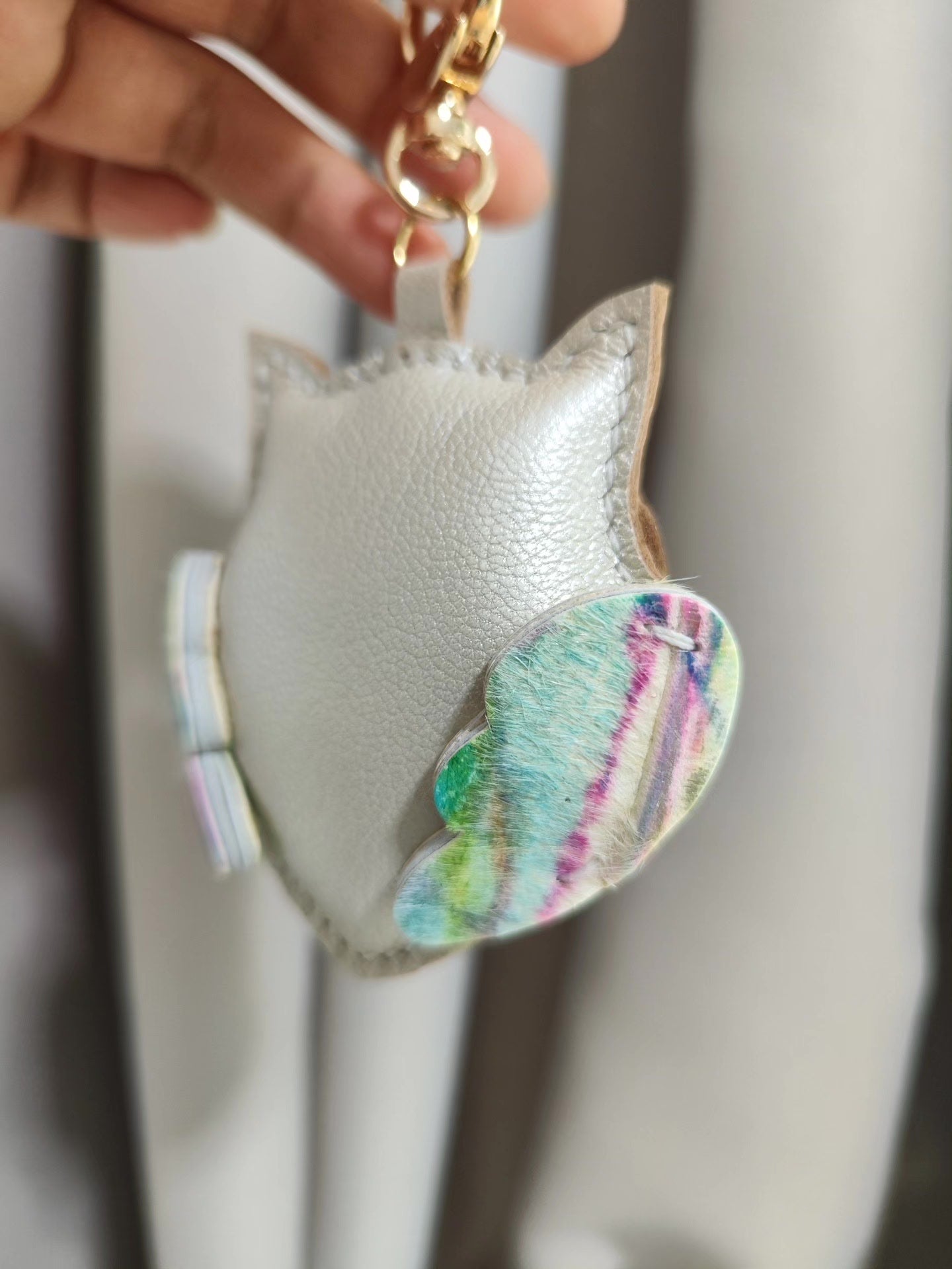 White Leather Owl Keychain with Multicolored Wings and Tail