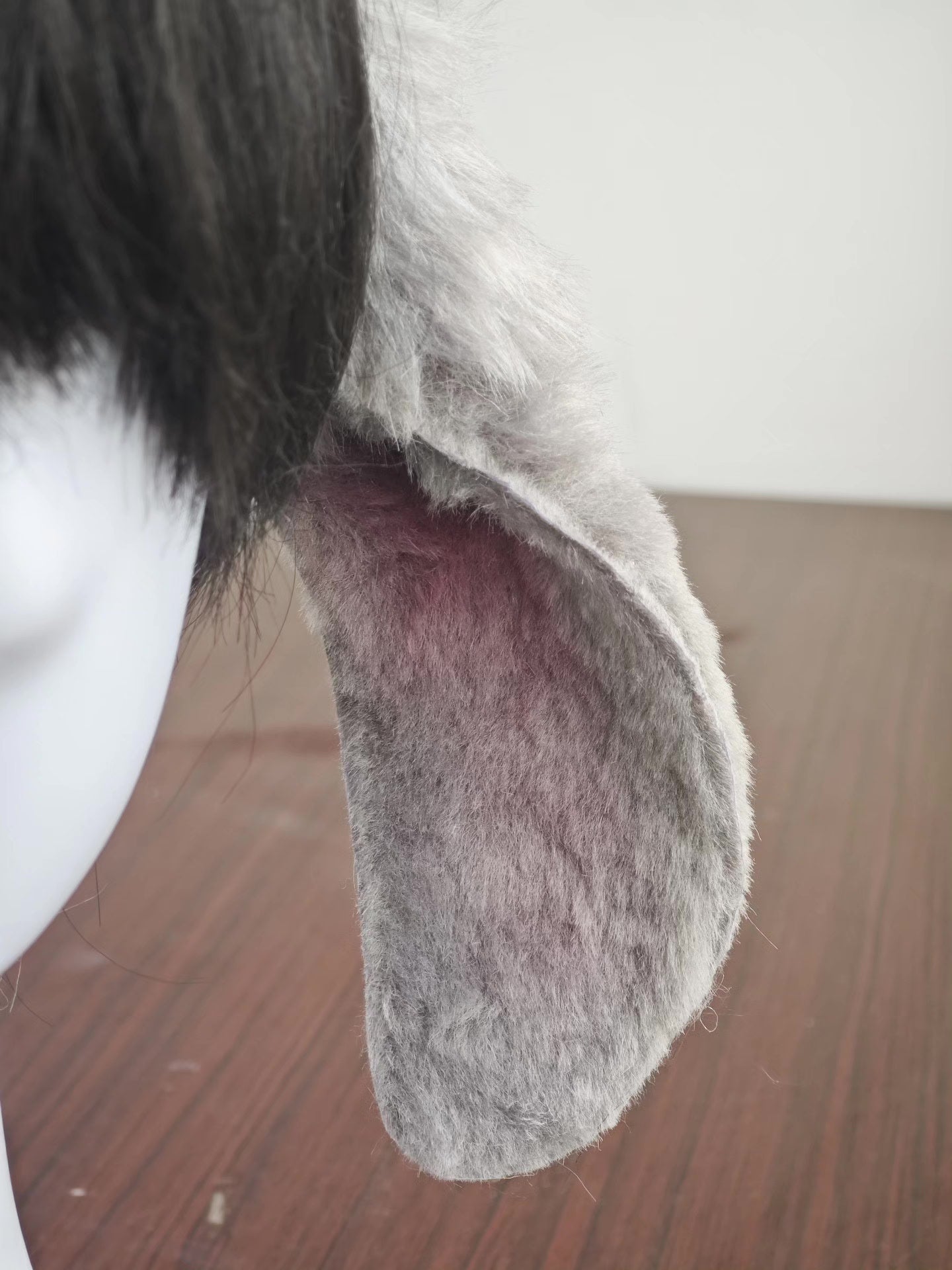 Handmade Lop-Ear Rabbit Ears, Light Gray Fur with Pink Inner Lining, 18cm