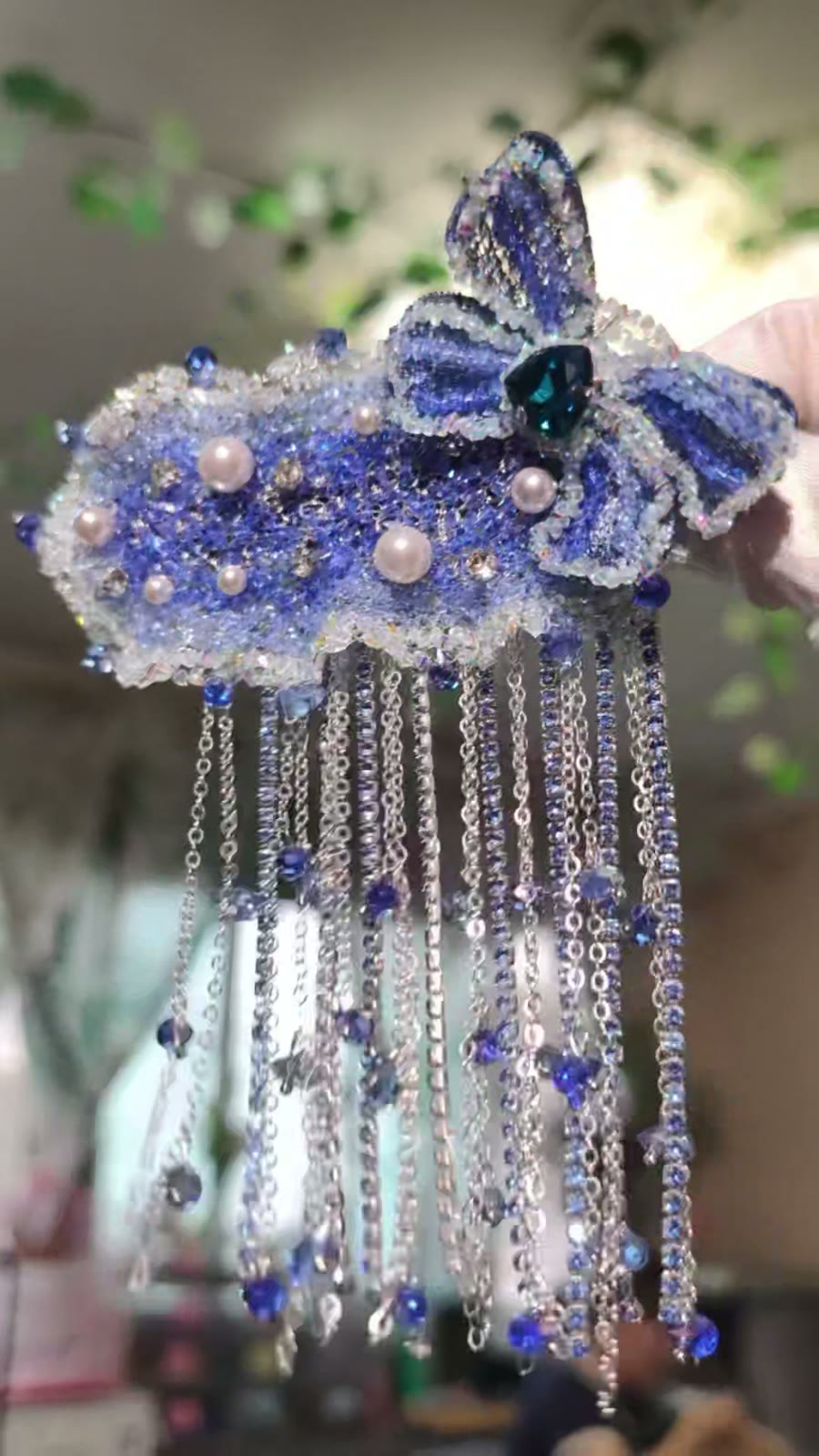 Blue Butterfly Beaded Tassel Hair Clip