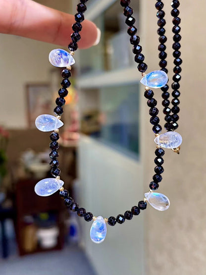 18K Gold Moonstone and Black Spinel Teardrop Necklace