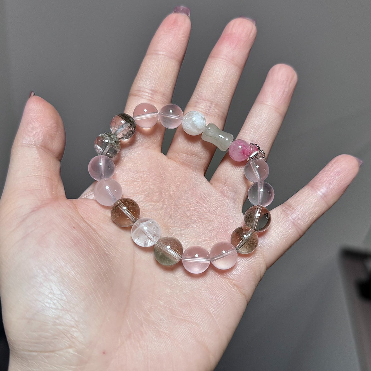 Pink Crystal Green Phantom Splice Beaded Bracelet