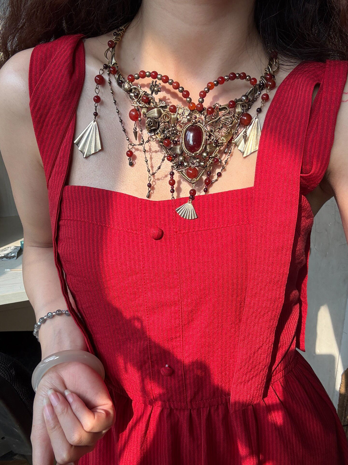 Handcrafted Brass Wire Garnet Statement Collar