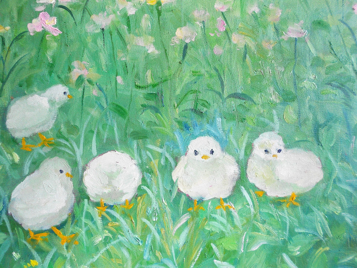 Oil Painting Five Chicks Pastoral Field
