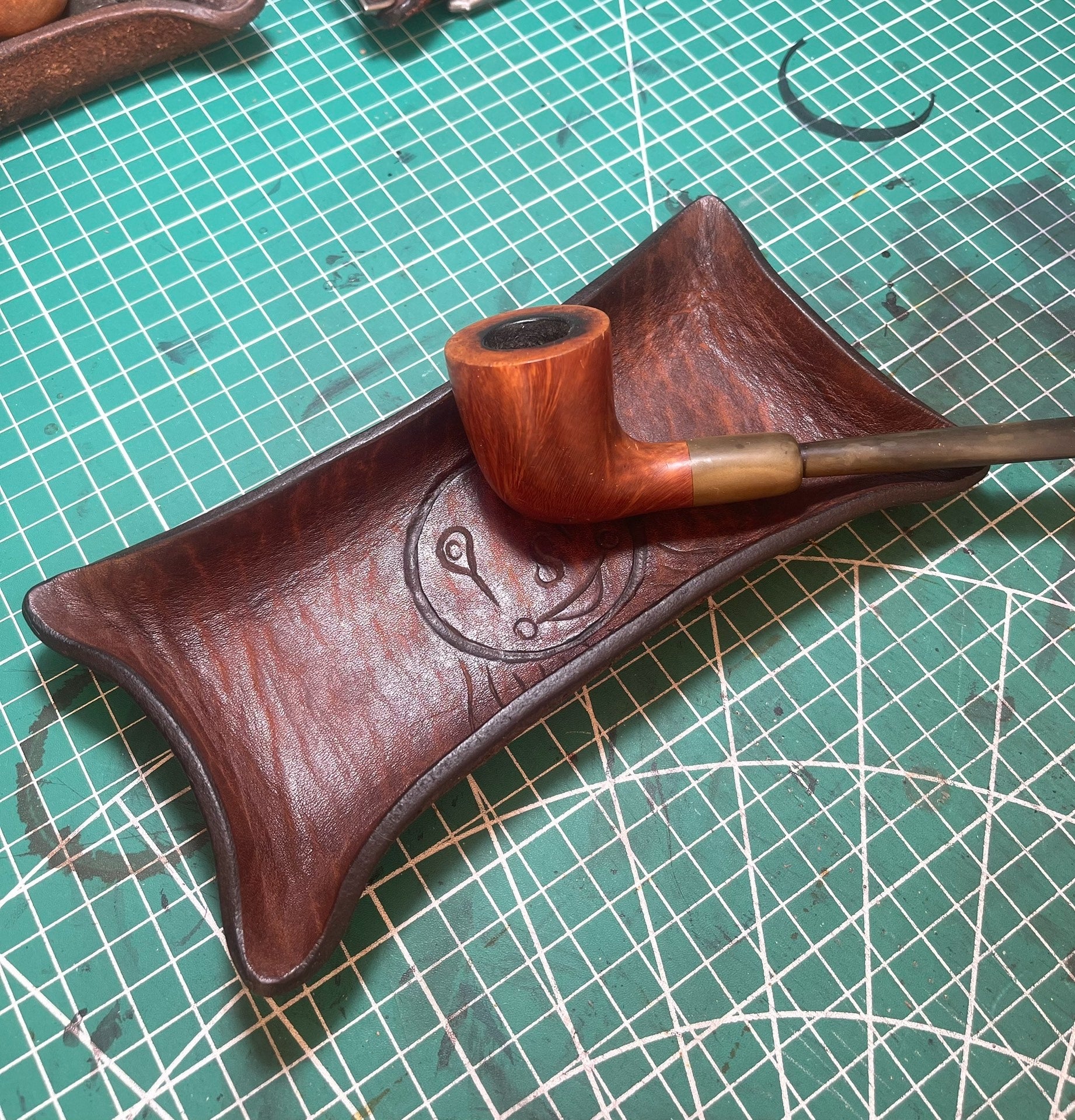 Hand-Carved Full-Grain Leather Pillow Tray with Embossed Center Motif