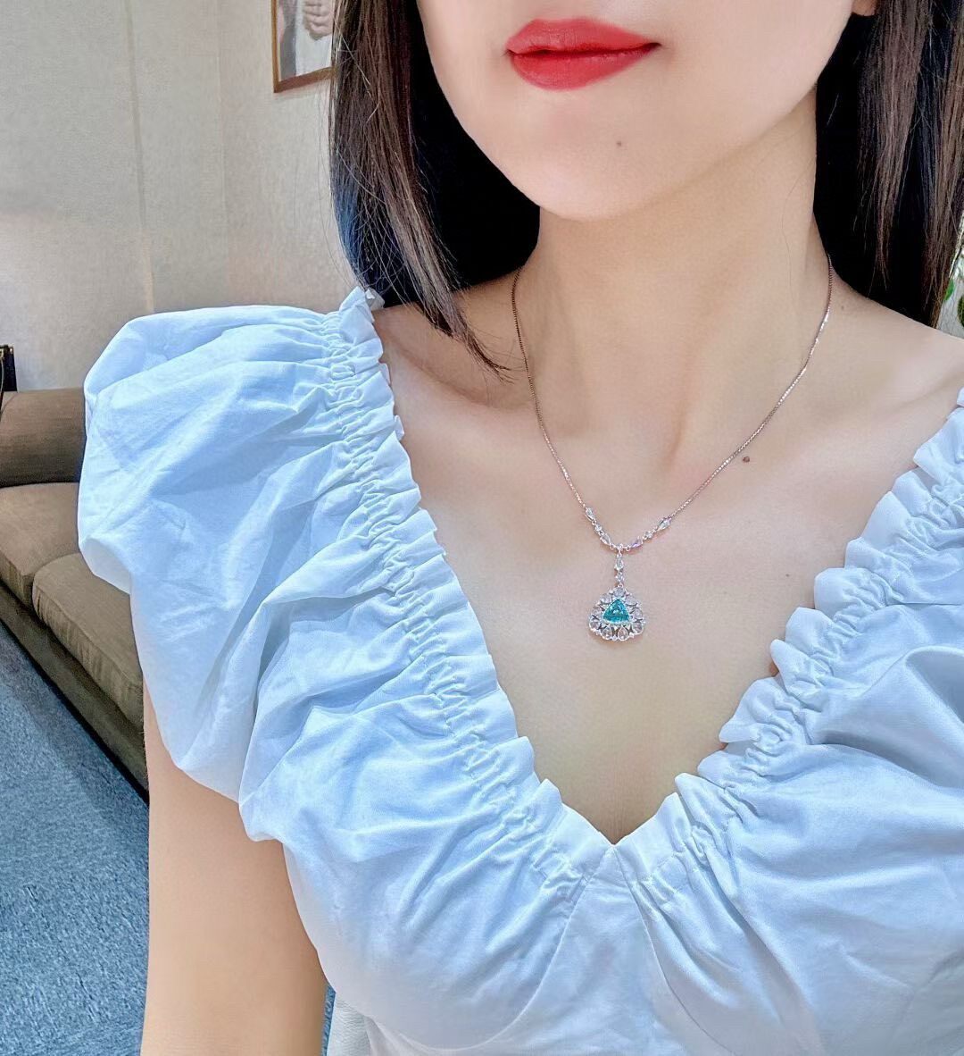 18K White Gold Paraiba Tourmaline Necklace, 1.18 Carat Main Stone, Diamond Halo