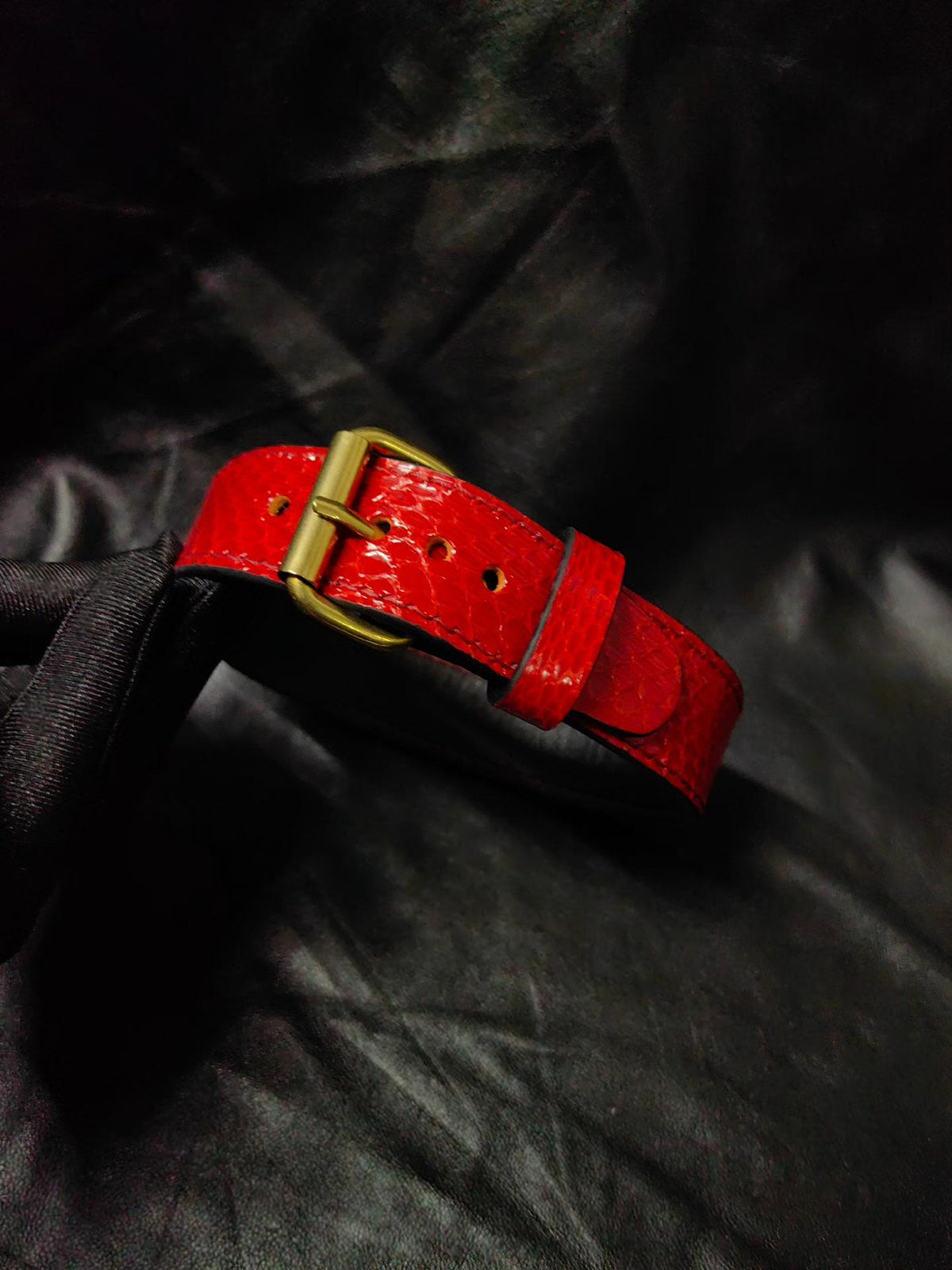 Red Snake Leather Choker Necklace Brass Buckle
