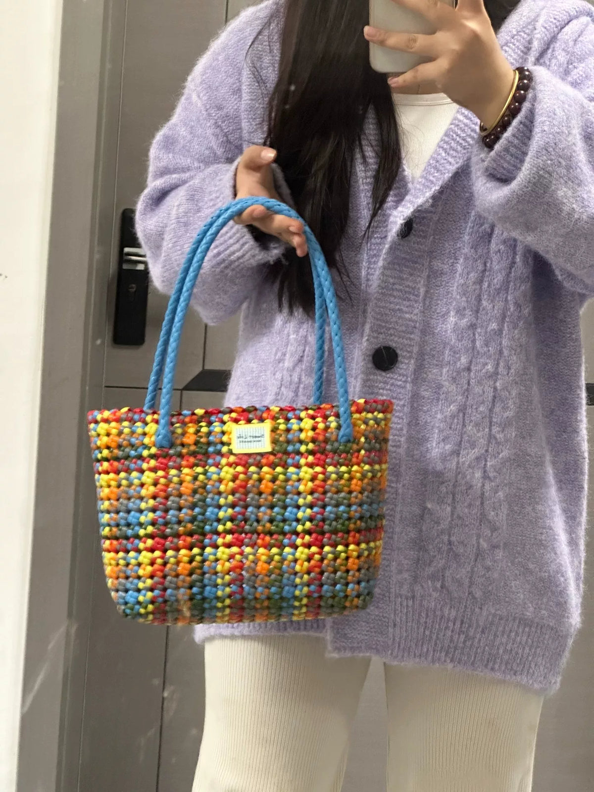 Mala de Vime Multicolor Tecida à Mão Média