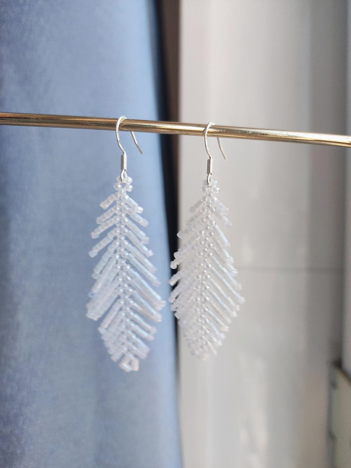 Beaded Feather Dangle Earrings 925 Silver