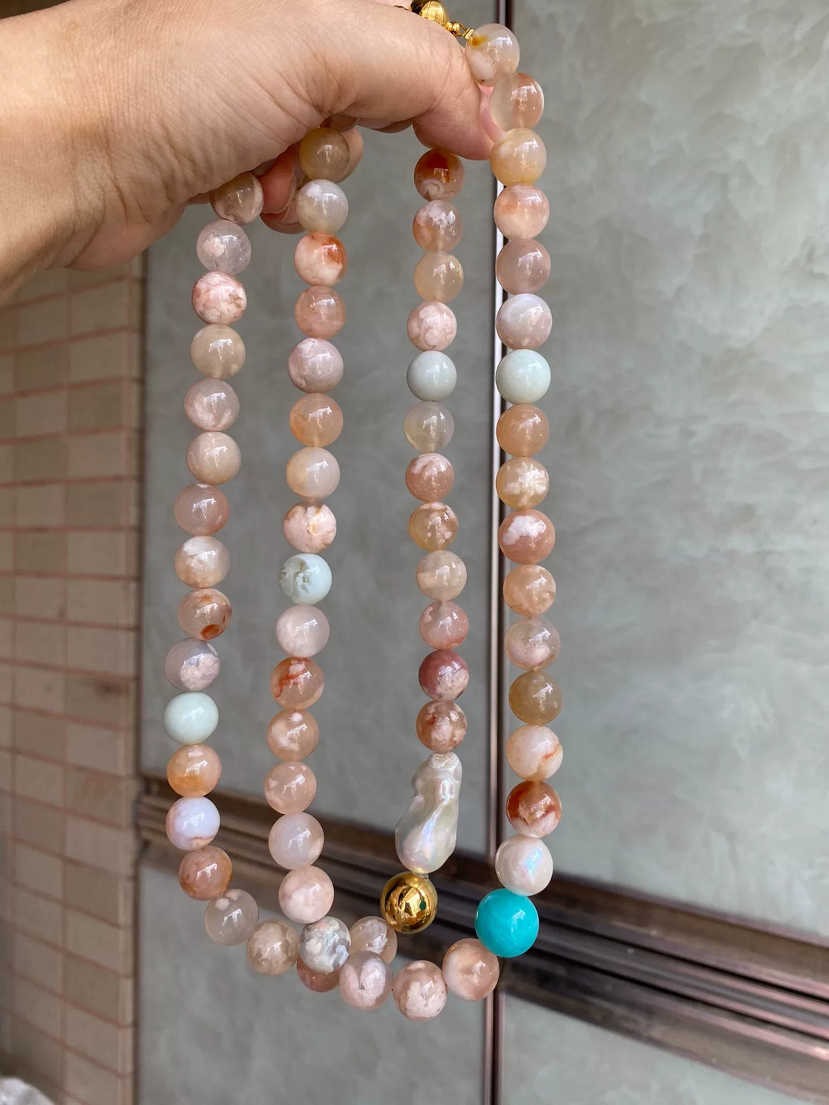 Cherry Blossom Agate Pearl Necklace
