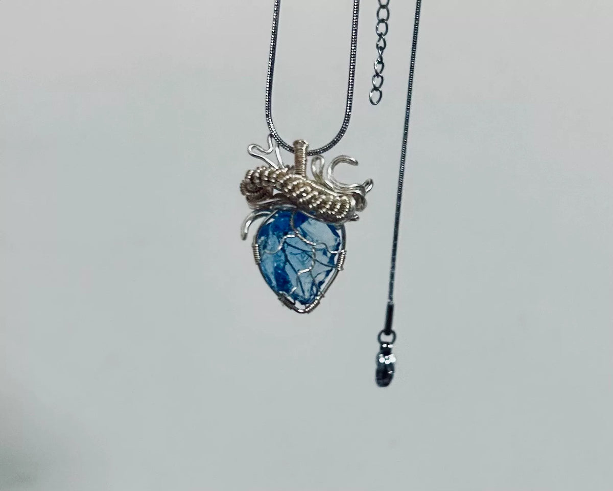 Wire Wrapped Heart Pendant Red Glass Necklace