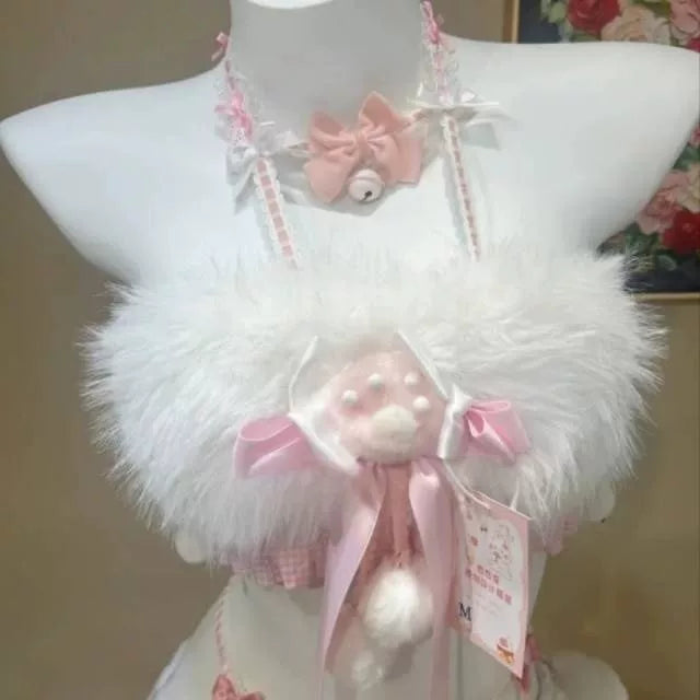 Pink White Plush Bunny Girl Costume Set