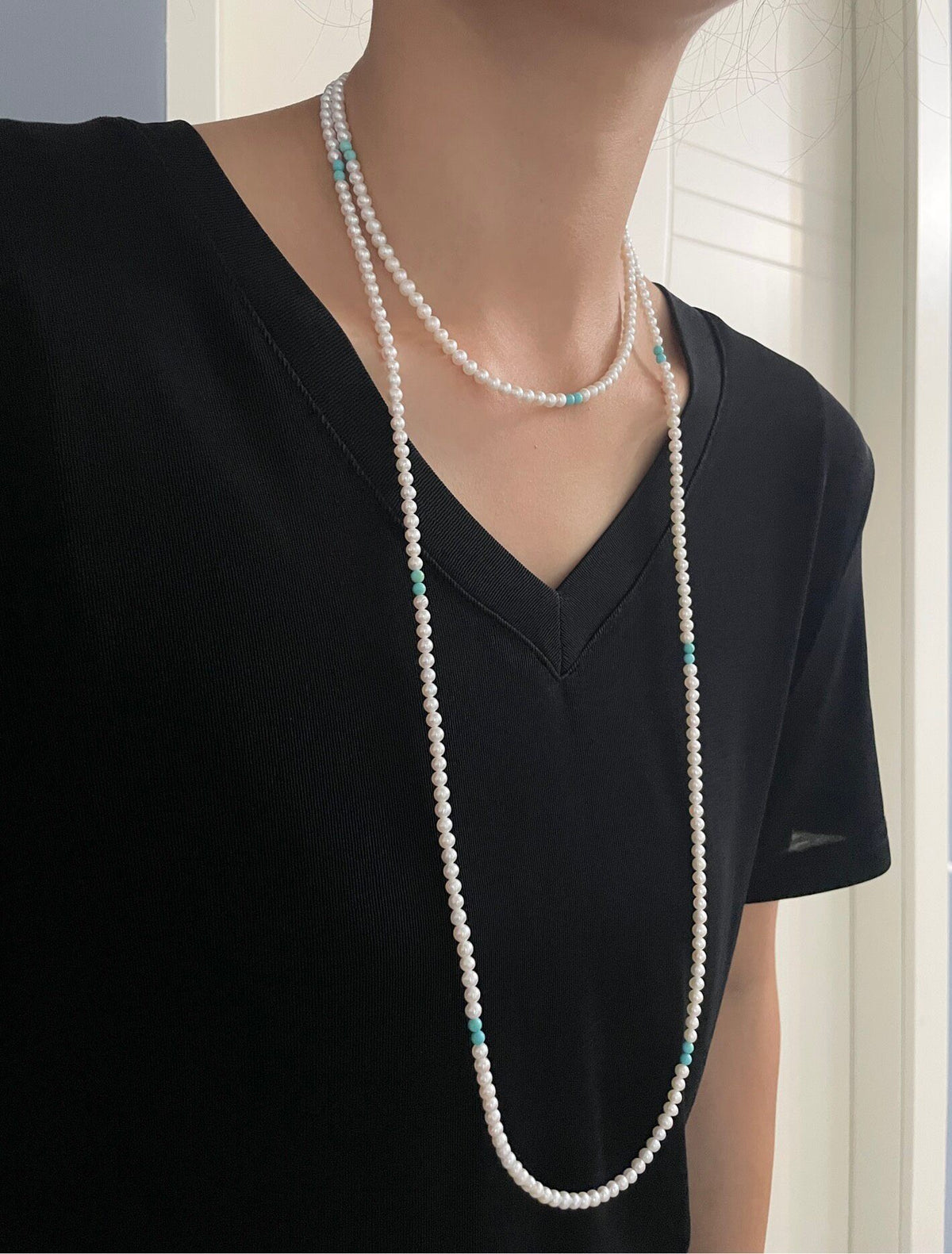 Natural Pearl Turquoise Bead Sweater Chain
