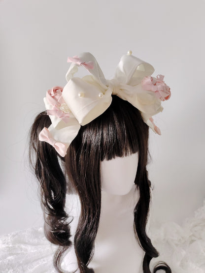 Satin Bow Headband with Fabric Roses and Pearl Accents