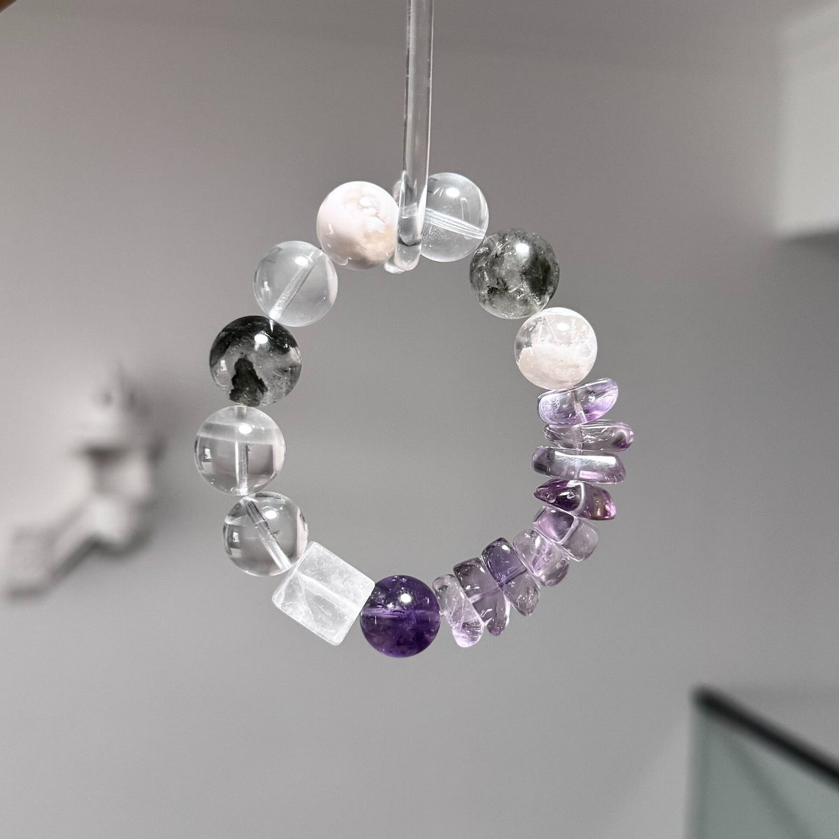 Green Phantom Amethyst White Quartz Beaded Bracelet