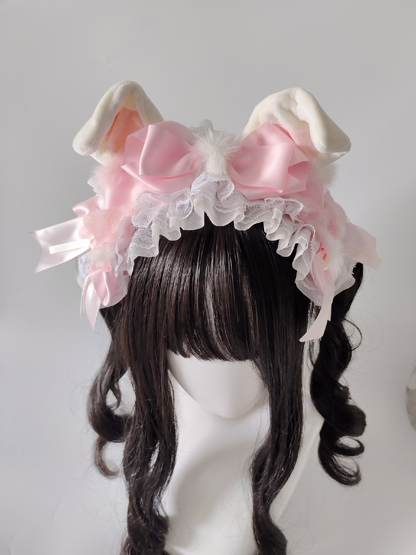 Pink and White Lolita Rabbit Ear Headband with Polka Dot Bow