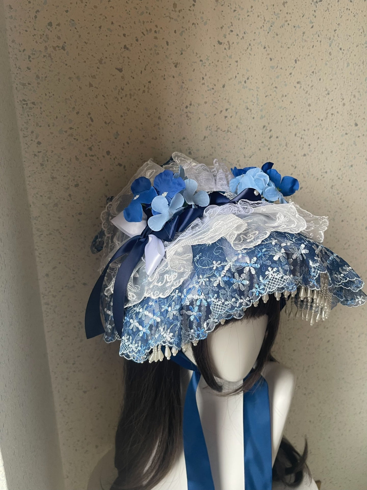 Lolita Blue White Lace Bonnet Handmade