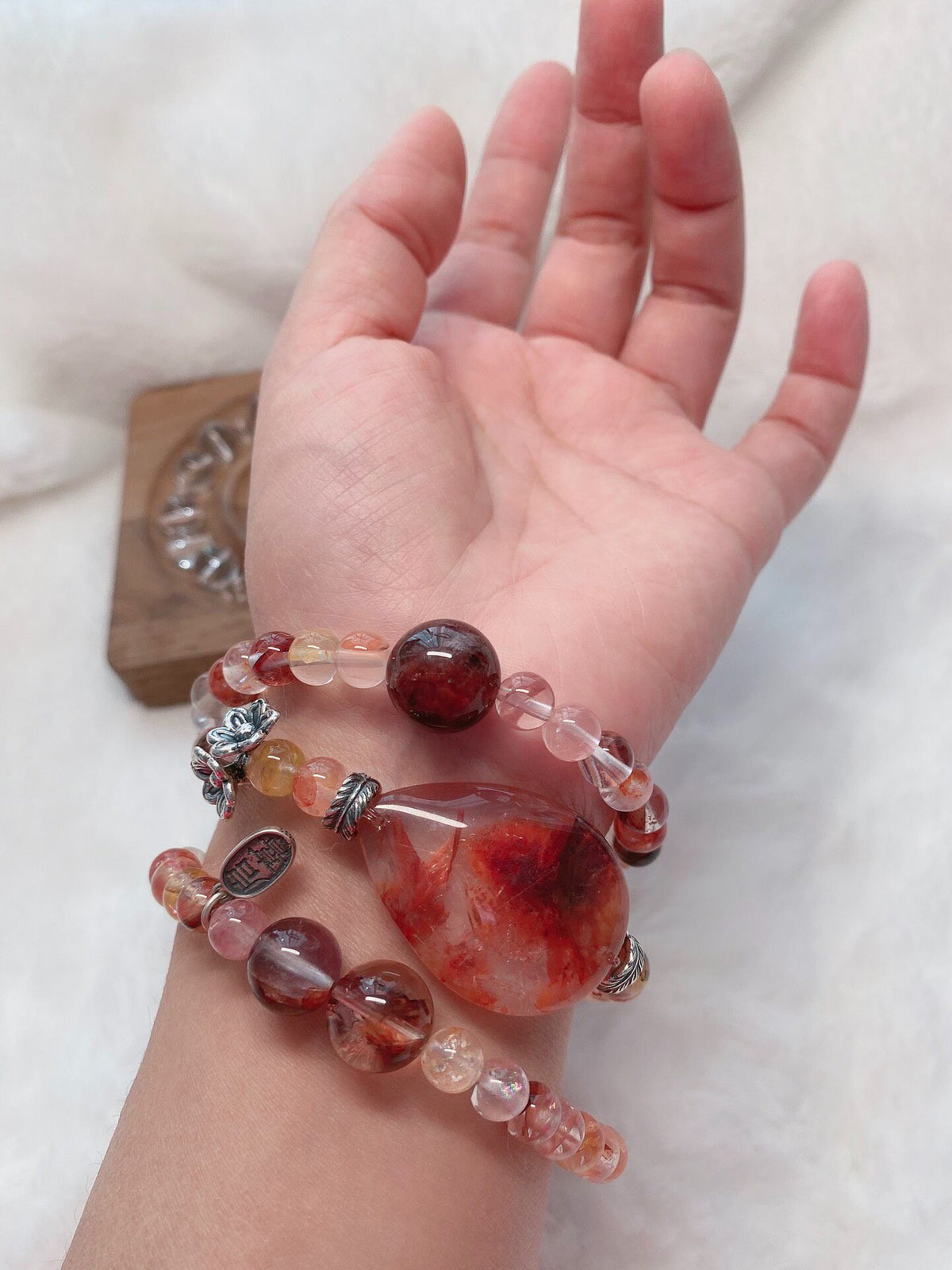 Natural Quartz Multi-Wrap Bracelet with Red Pendant