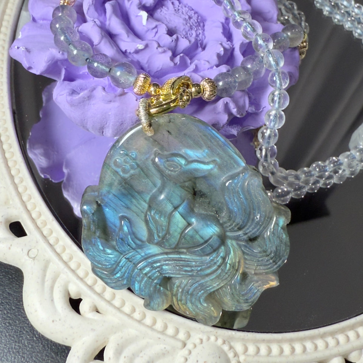 Hand Carved Labradorite Fox Pendant Necklace