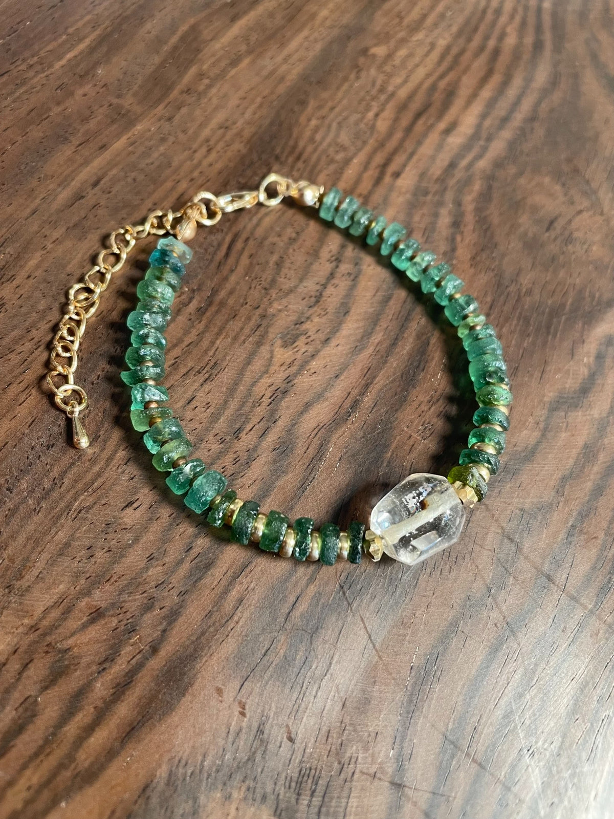Roman Glass Bead Bracelet with Faceted Crystal