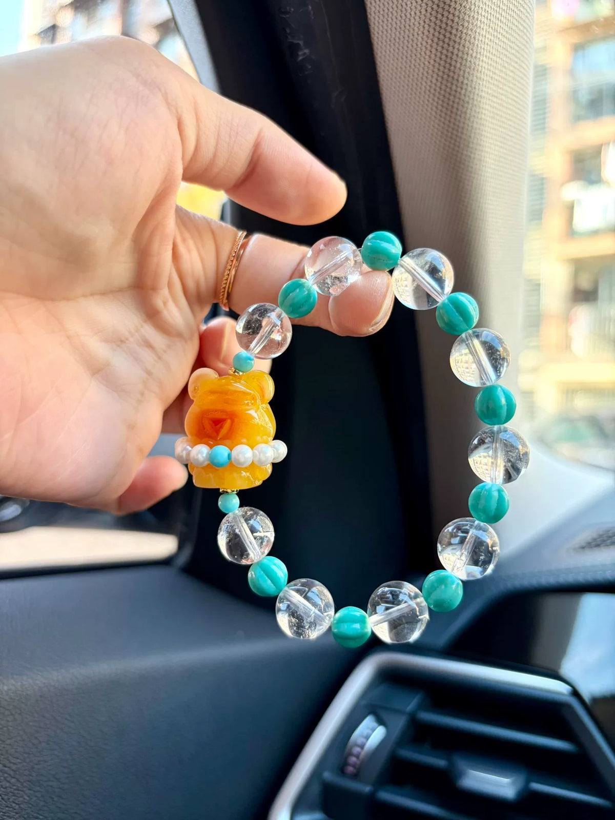 White Crystal Magnesite Bear Beaded Bracelet