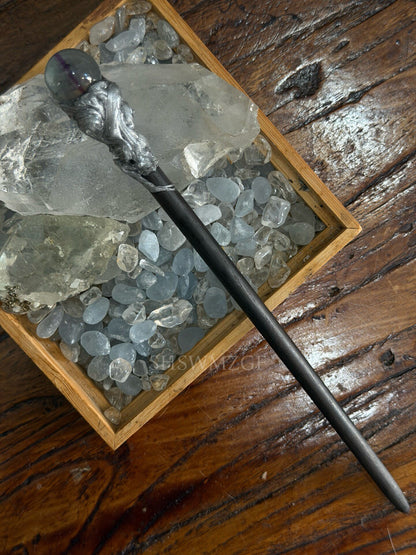 Dark Wood Hair Stick with Silver Handle, Green Gemstone, and Blue Fluorite Bead