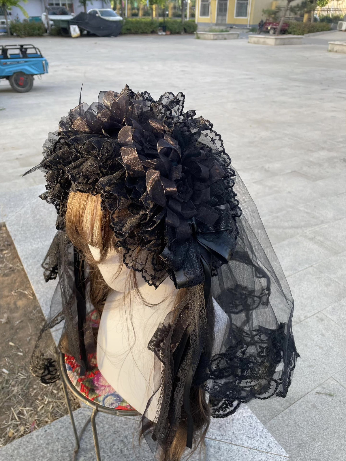 Zwarte Gotische Lolita Hoofdtooi met Tule Sluier