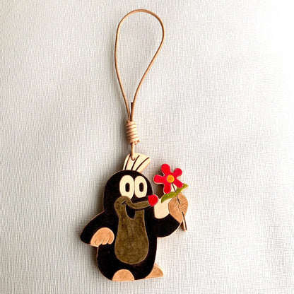 Large Leather Keychain - The Little Mole Design with Flower