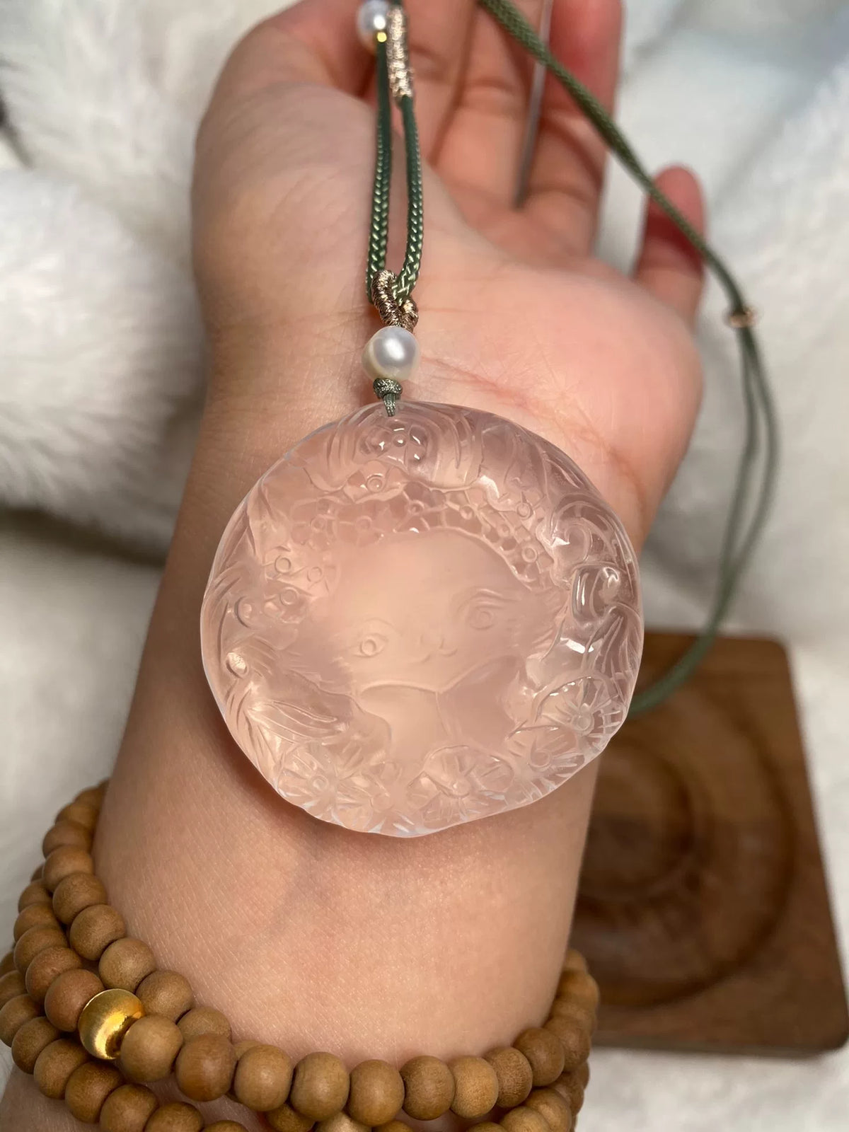 Hand Carved Milky White Crystal Fox Pendant