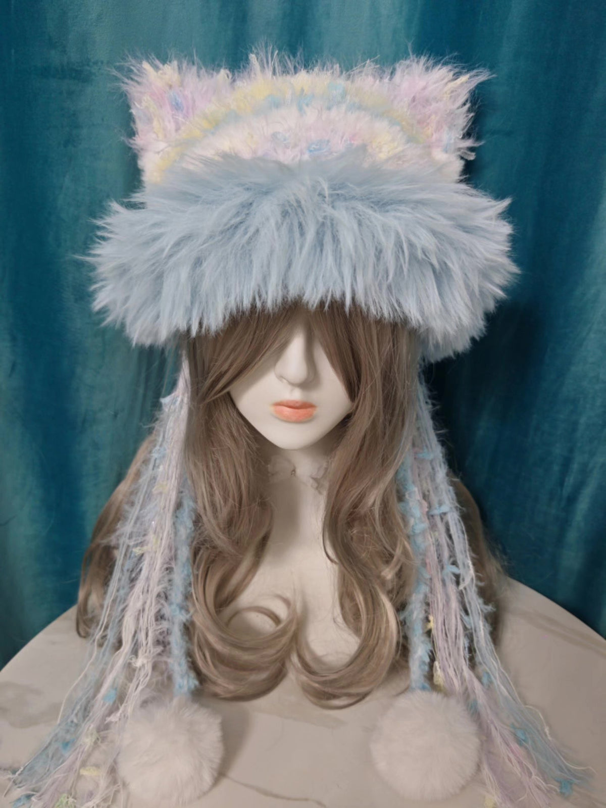 Macaron Blue Purple Cat Ear Hat with Pom Poms
