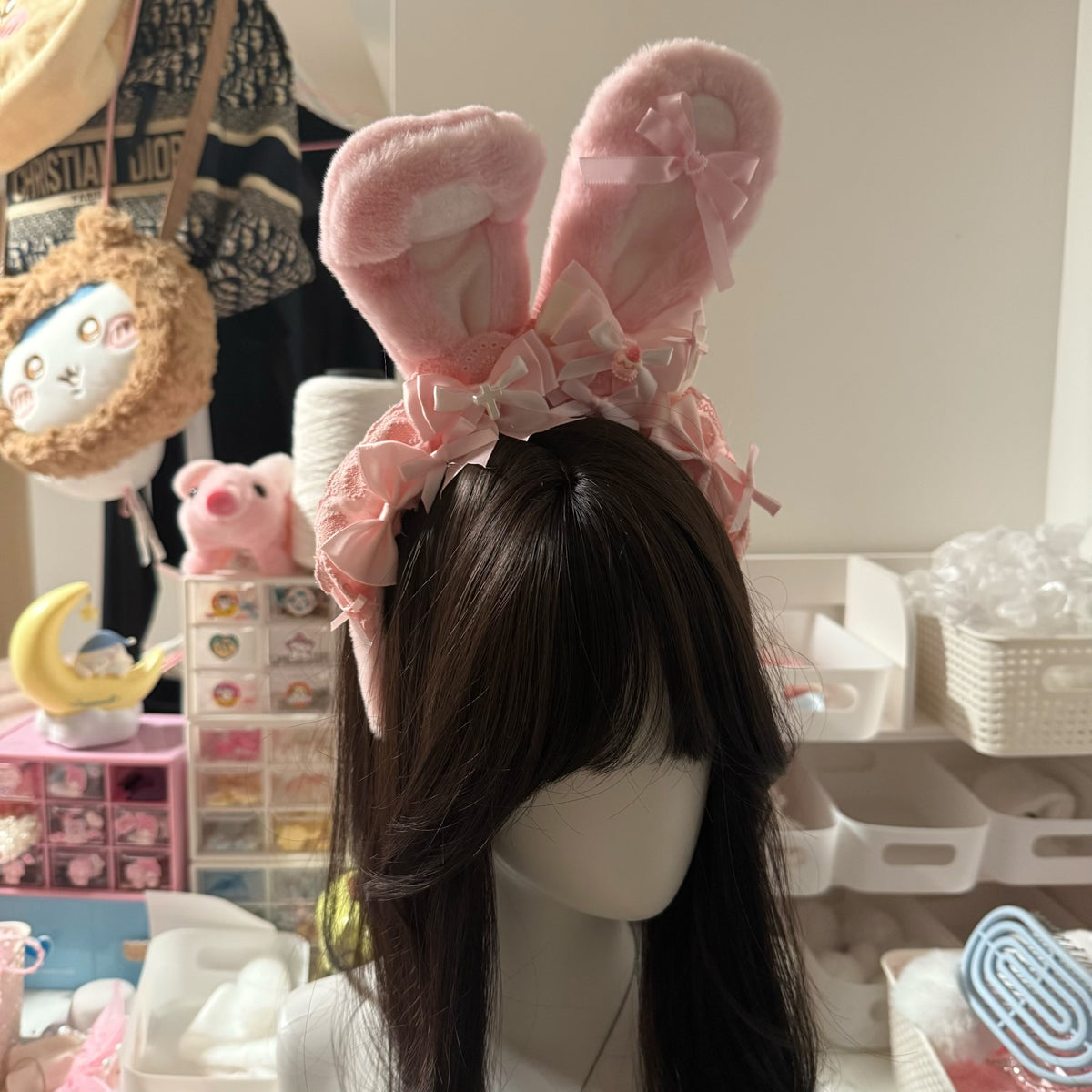 Pink Plush Rabbit Ear Bow Headband