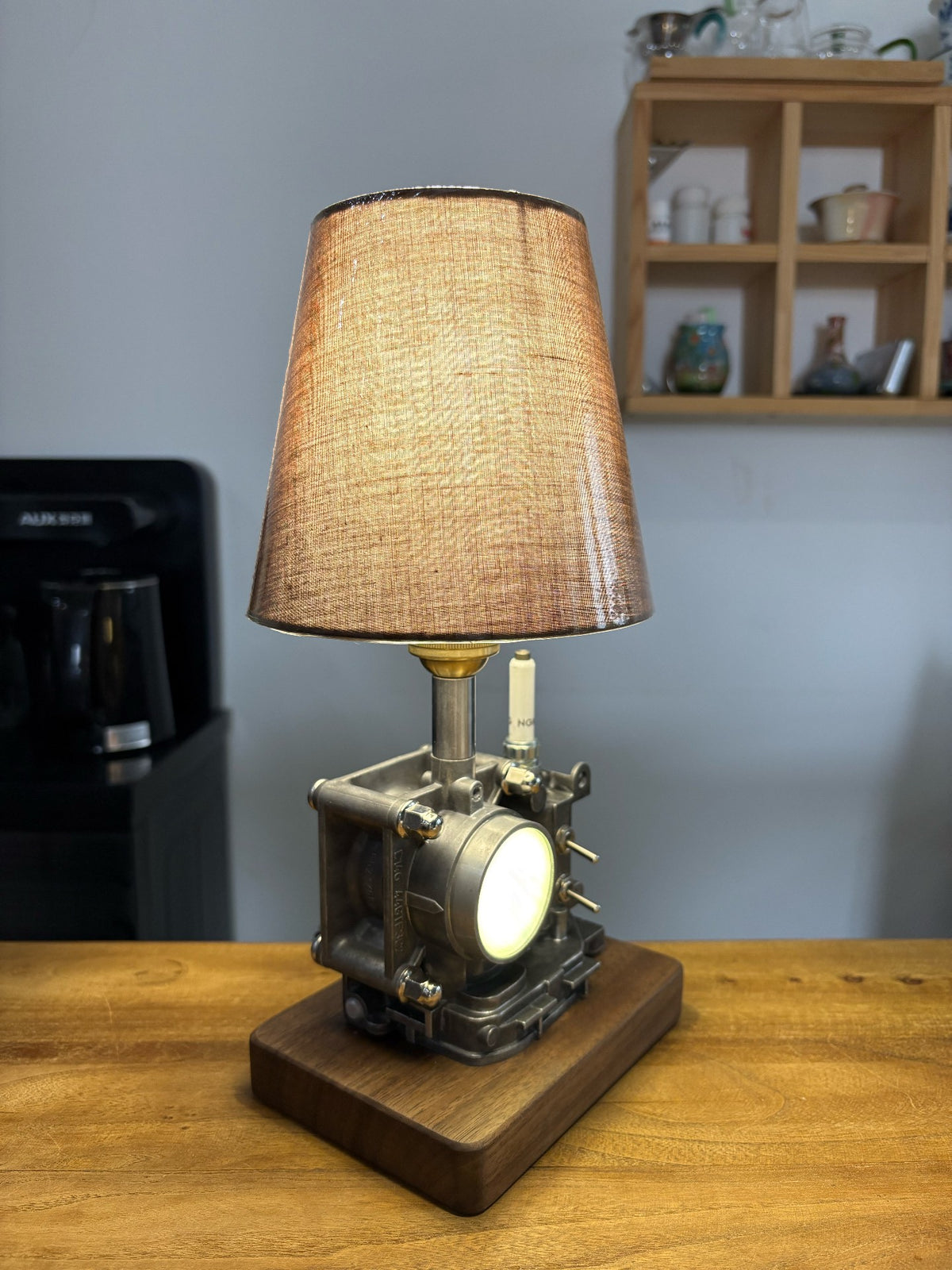 Engine Cylinder Block Table Lamp with Walnut Base