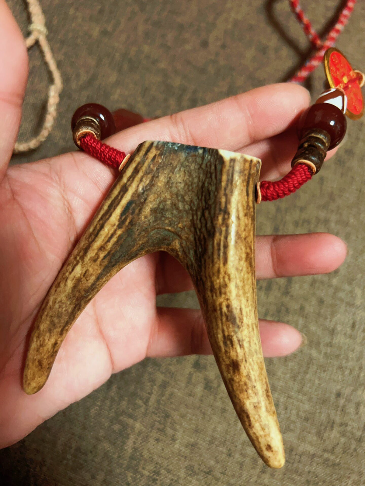 Handcrafted Deer Antler Necklace with Agate Beads
