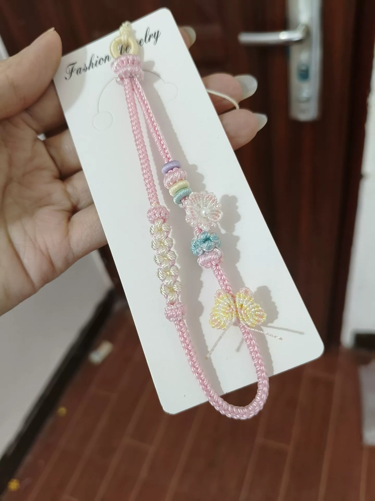 Handgefertig geflochtenes Handy-Lanyard Pink Blau Gradient