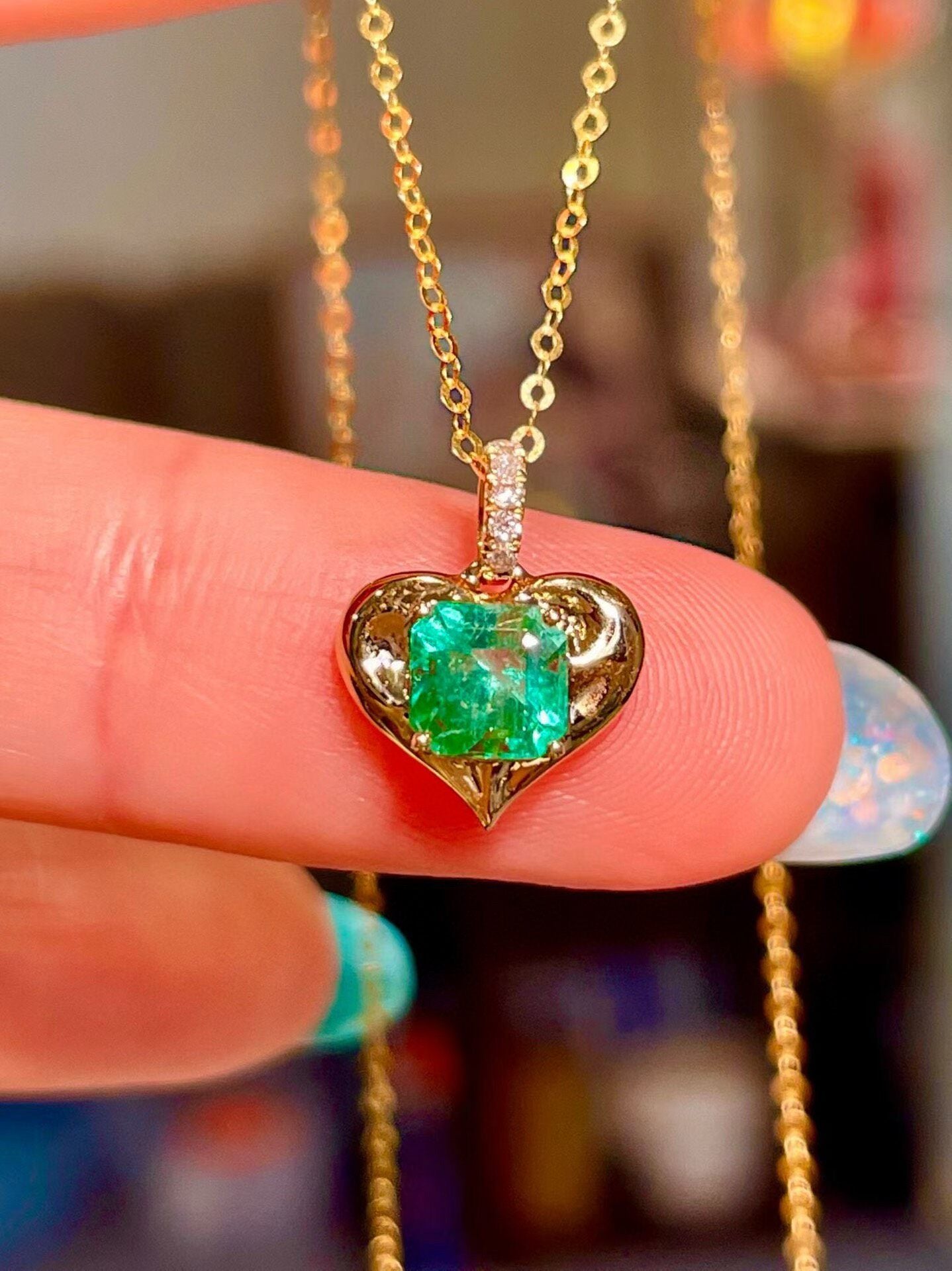18k Gold Heart Pendant with Square Green Gemstone and Pavé Bail