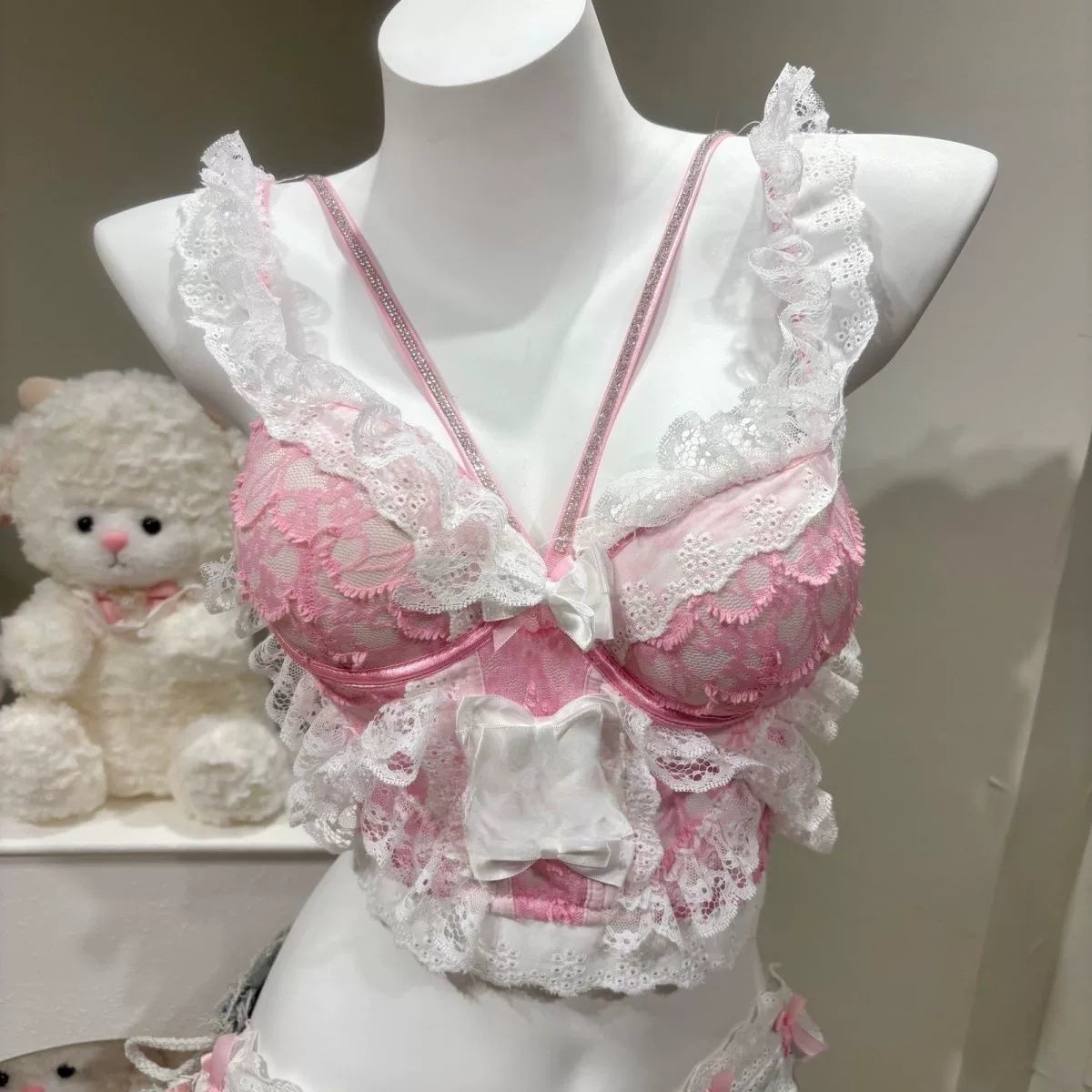 Pink Lace Cami Set with Denim Shorts