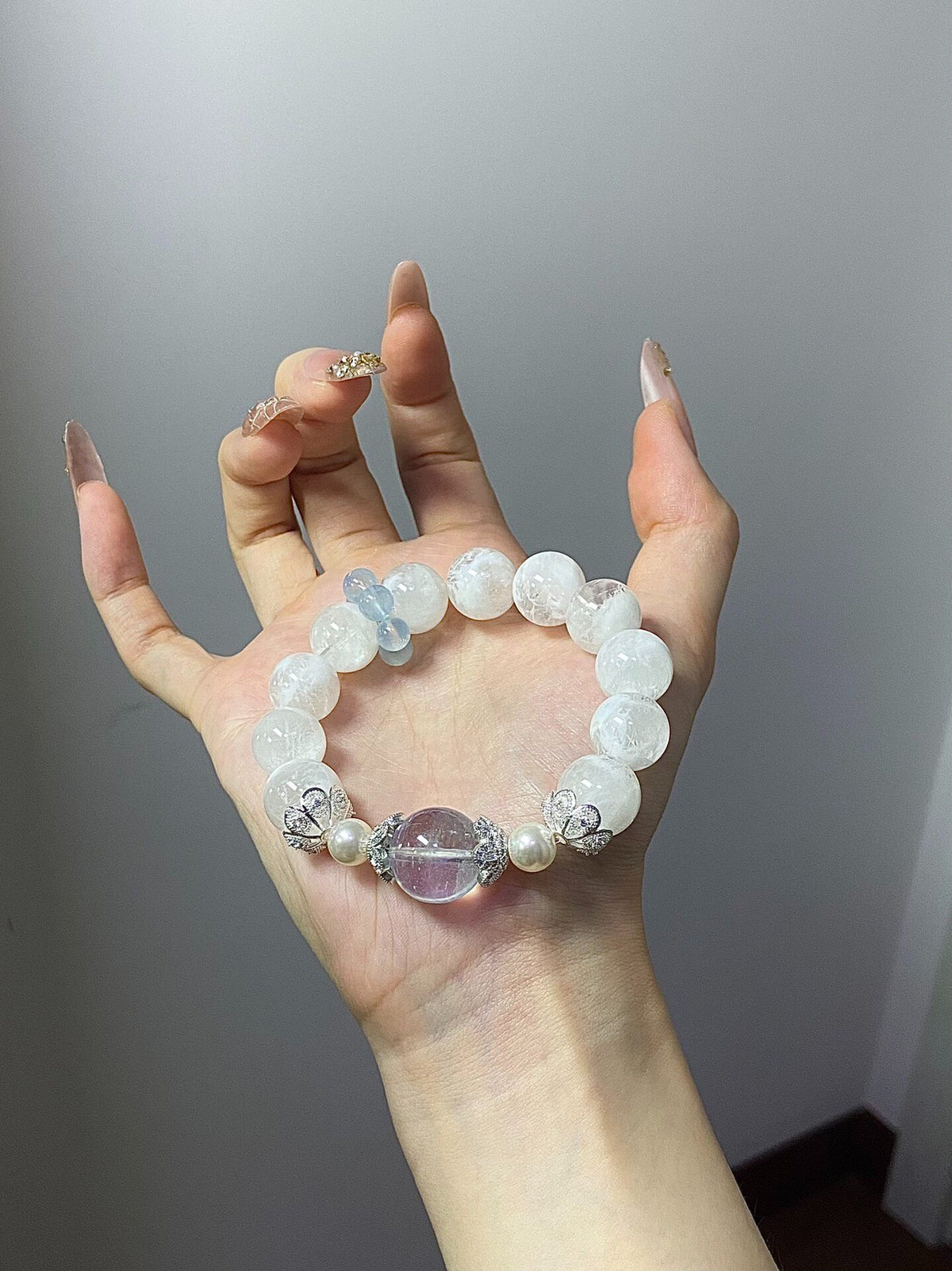 Snowflake Phantom Crystal Aquamarine Beaded Bracelet