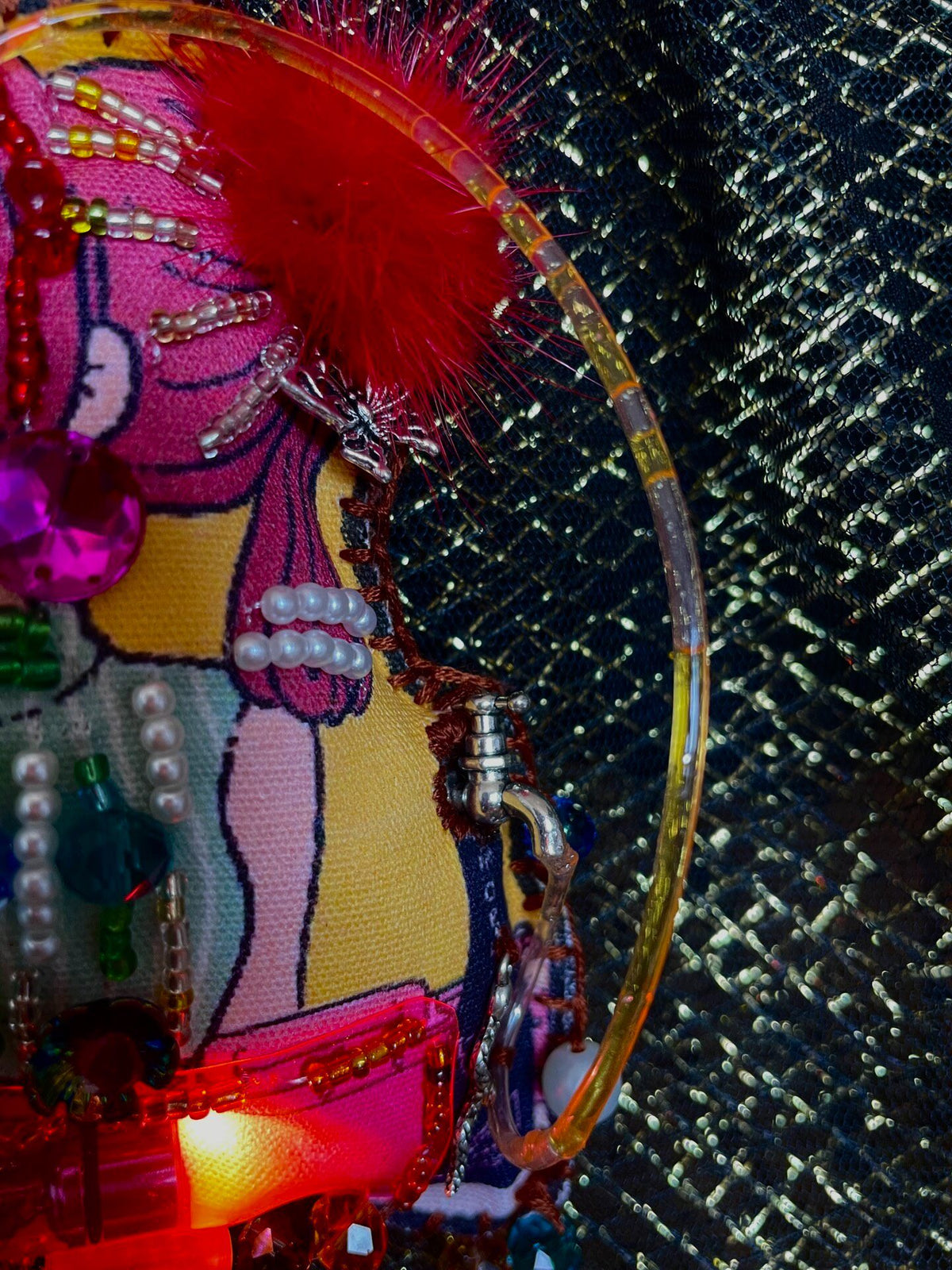 Handcrafted Beaded Bag Charm with Pink Hair Girl